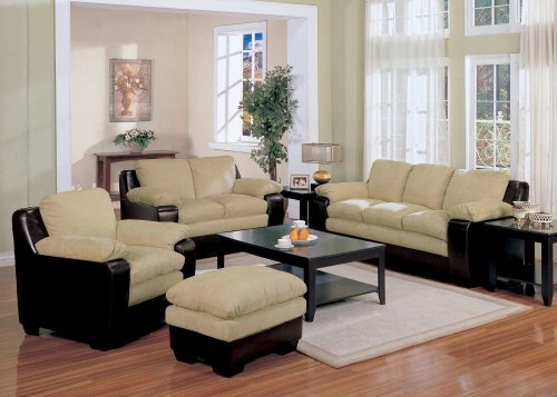 Microfiber Sofa Set - 4 Piece in Beige Microfiber / Dark Brown - Coaster