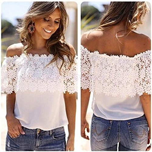 Baomabao Women Off Shoulder Casual Blouse Lace Crochet Chiffon Shirt (X--Large)
