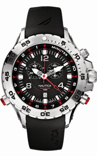 Nautica A31503G Gents Polished Silver Swiss Movement watch with Black PU Strap