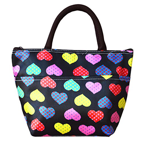 Sealike Cute Colorful Polka Dot Love Heart Picnic Lunch Bag Tote Bag Handbag Lunch Organizer for Women Girls with Stylus Black