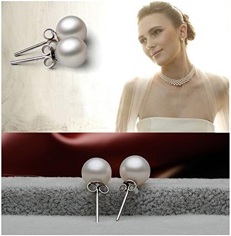 Pearl Earings, AHGAO Sterling Silver 925 Freshwater Cultured White Pearl Button Stud Earrings (Diameter 8 mm)