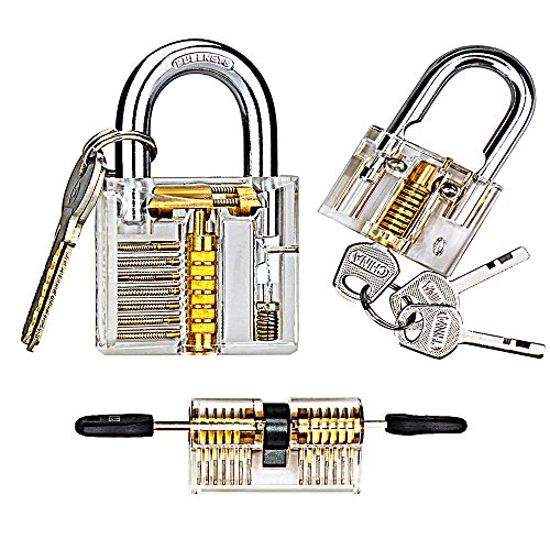Kuject Practice Lock Set, Transparent Cutaway Crystal Pin Tumbler Keyed Padlock, Lock Picking Practice Tools for Locksmith, Include 3 Common Types of Lock for Lock Pick Set