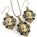 Antique Vintage Style Replica Heart Brown Cameo Necklace Pendant Earrings Set Crystal Rhinestone