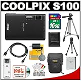 Nikon Coolpix S100 Digital Camera (Black) with 16GB Card + Battery + Tripod ....