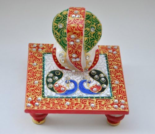 White Marble Lord Ganesh on a Stool Chowki , Handmade with Stones Embedded, Peacock Design Vibrant Colors Hand Painted.