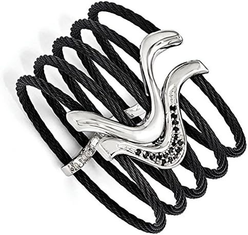 Black Titanium & Sterling Silver Black Spinel Cable Flex Cuff Bangl Bangle Bracelet, 6 inches