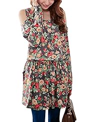 Round Neck Long Sleeves Elasticized   Waistline Floral Print Acrylic/Knit Cutout Stretchy Mini Dress 
