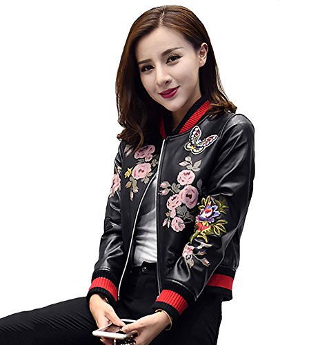 p-smile (ピースマイル) レディース ライダースジャケット シングル 本革 シープスキン ラムスキン 羊革 刺繍 花柄 フラワープリント サイズ豊富 お洒落 秋冬 流行 コート ハーフコート レザージャケット