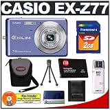 Casio Exilim EX-Z77 Digital Camera (Blue) with 2GB SecureDigital (SD) Card + Spare NP-20 Battery + Carrying Case + Tripod