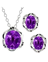 6.87 Ct Oval Purple Amethyst Gemstone 14k White Gold Pendant Earrings Set