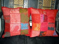 2 Coral Red Sari Patchwork Embroidery Sari Toss Pillow Cushion Covers