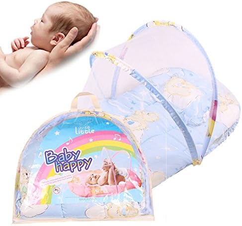 0-2 Years Baby Bed Mosquito Net Portable Folding Crib Bed Canopy Tent Infant Cushion Mattress, with Pillow (blue)