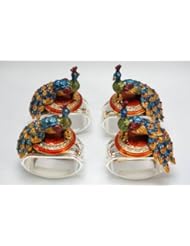 Home: Hans Turnwald Set 4 Peacock Crystal Enamel Signed Silverplate Napkin Rings Gift Box