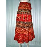 Wrap Skirt- Womens Bohemian Amazing Animal Tribal Print Ferari Red Cotton Wrap Around Skirt 36" Length Free Shipp