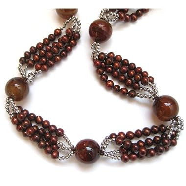 HinsonGayle "AVANI" Chocolate Cultured Pearl, Agate and Silver Necklace (Glamour Collection)