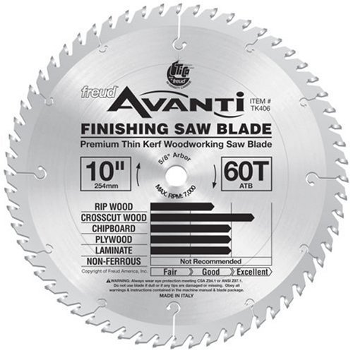Freud TK406 Avanti 10-Inch 60 Tooth ATB Thin Kerf Crosscutting and Laminate Saw Blade with 5/8-Inch Arbor