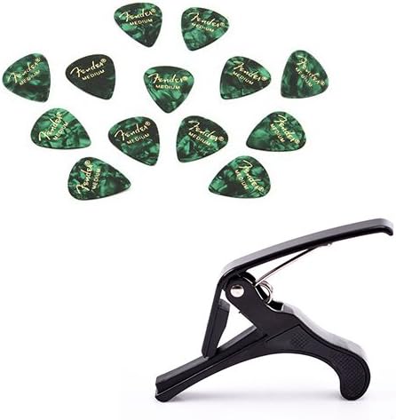 Fender 351 Premium Celluloid Guitar Picks Bakers Dozen (13 Pack) Green Moto Medium w/Bonus Capo