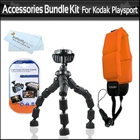 Accessories Bundle Kit For Kodak PlaySport (Zx5) HD Waterproof Pocket Video Camera Includes Gripster Flexible Tripod + Floating Strap + LCD Screen Protectors + MicroFiber Cleaning Cloth