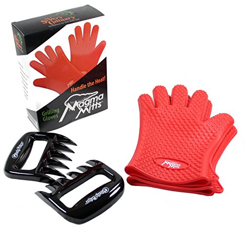 Comfort Fit High Temperature Magma Mitts Silicone Grilling Gloves | Grizzly Gripz Meat Shredder Claws | Premium Gift Set by So Very Culinary (Red)