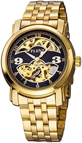 Ipara Fashion Men's Skeleton Automatic Mechanical Gold Bracelet Wrist Watch, Black Dial