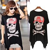 Skull Summer T Shirt Funny with Hollow Blouses Loose Plus Size Tops for Women - Black