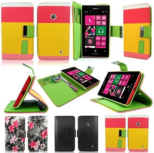 Cellularvilla (Tm) Case for Nokia Lumia 521 Pink Yellow PU Leather Wallet Card Flip Open Case Cover Pouch. (Only Fit Nokia Lumia 521)