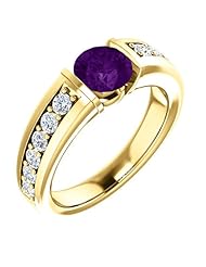 18K Yellow Gold 6.00mm Round Cut Amethyst and Diamond Ring -- LIFETIME WARRANTY