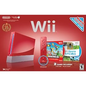 Red Wii Console with Wii Sports and Super Mario Bros