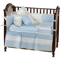 Picci Positano 4 Piece Infant Bedding Set in Soft Blue Ribbed Cotton with Cream Organdie and Accenting Bows