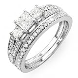 14k White Gold Brilliant Princess Cut 3 Stone Diamond Ladies Engagement Bridal Ring Set (1.20 cttw, I-J Color, I1- I2 Clarity)