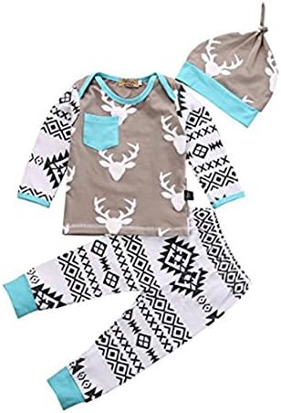 Babylover Infant Baby Girls Boy Deer Geometric figure Bodysuit Hoodie Pants 2pcs Outfits Set (90)