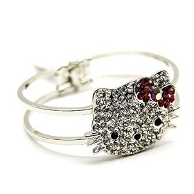 LARGE BLING ICE KITTY Hinged Bangle Cuff Bracelet ~ Your Choice of Color PINK OR RED!