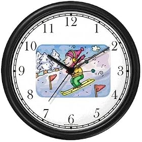 Child Downhill Alpine Skier Cartoon Snow Skiing Wall Clock by WatchBuddy Timepieces (Slate Blue Frame)