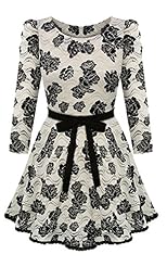 Lace Scoop Neck Shift Floral Print Long Sleeves Bubble Dress Flared-Skirt Party Dress 