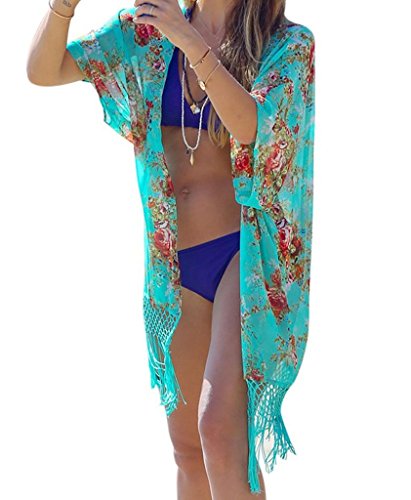 ASHERANGEL Women's Tassel Bikini Covers Floral Printed Bathing Suit Kimono Cover Up