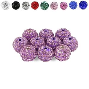 10 COULEURS PARMI CHOISIR Lot de 10 perles en forme de boules disco, cristal et strass, style Shamballa. Par KurtzyTM- Violet