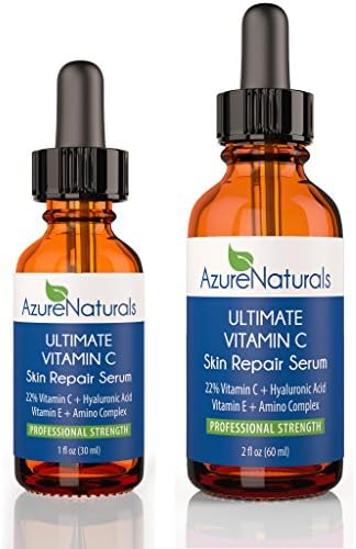 22% VITAMIN C GUARANTEED FASTEST WORKING Vitamin C Serum 22% C + 11% Hyaluronic Acid + 1% Vitamin E + 1% Ferulic, also Contains Organic Aloe & Jojoba Oil + Advanced Amino Complex, Deeply Penetrates Skin to Repair Sun Damage, Reduces Fine Lines & Wrinkles, Azure Naturals Guarantees Our ULTIMATE VITAMIN C Serum Will Leave Your Skin With a Beautiful, Radiant, and More Youthful Looking Glow! Try Risk Free Today, One Year Unlimited Money Back Guarantee!