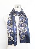 Satin Double Ply Paisley Print on Navy Blue - Silk Mens Scarf 10.5 x 64