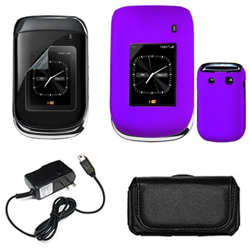 iNcido Brand Blackberry Style 9670 Combo Rubber Feel Purple Protective Case Faceplate Cover + Black Horizontal Leather Pouch + LCD Screen Protector + Home Wall Charger for Blackberry Style 9670