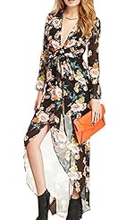 Sexy V-neck Polyester Sheer Lace-Up Slit General Print Long Sleeves Club Dress/Evening Dress/Party Dress/Maxi Dress 