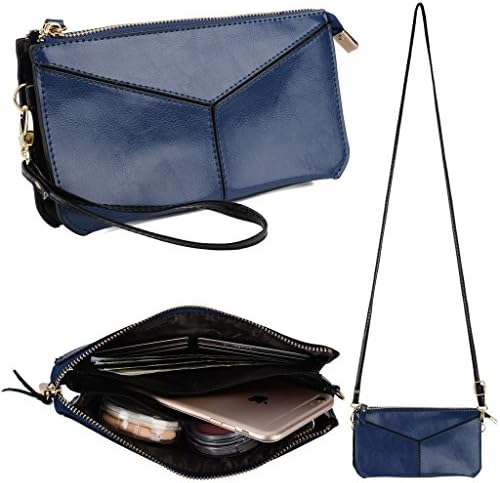 YALUXE Women's Envelope Looking Large Capacity Leather Wristlet Clutch Wallet with Shoulder Strap Blue