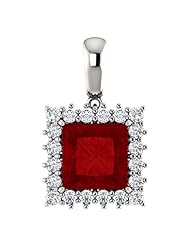 14K White Gold 8.00x8.00mm Princess Cut Chatham Created Ruby and Diamond Pendant -- LIFETIME WARRANTY