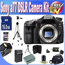 Sony A77 24.3 MP Digital SLR with Translucent Mirror Technology (Body Only) W/16GB SDHC Memory + Extended Life Battery + Ac/Dc Rapid Charger + USB Card Reader + Memory Card Wallet + Deluxe Case w/Strap + Professional Full Size Tripod + Mini HDMI to HDMI Cable + Accessory Saver Bundle!