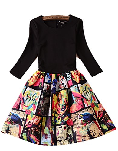 ワンピース モザイク柄 フレアスカート プリンセスドレス ラウンドネック 7分袖 マルチカラー グラフィックフォトプリント クマのぬいぐるみ付き K-830