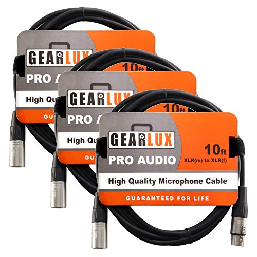 Gearlux 10-Foot Balanced XLR Microphone Cable with Oxygen-Free Copper Conductor - Male to Female - 3 Cables