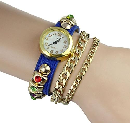 Tonsee(TM) 1PC Leather Bracelet Woman Rhinestone Bracelet Quartz WristWatch (Blue)