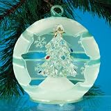 Christmas Ornaments - Tree and Star, White and Blue Striped Frosted Glass, LED Color-Changing, 5" Diameter