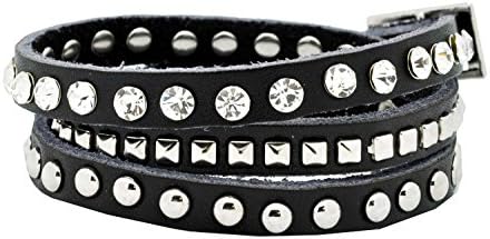 Stackable Rhinestone and Stainless Steel Studs Black Leather Wrap Bracelet