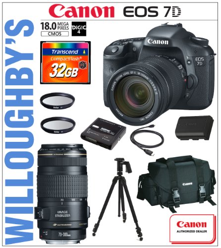 Canon EOS 7D 18 MP CMOS Digital SLR with Canon 18-135mm IS Lens + Canon EF 70-300mm f/4-5.6 IS USM Lens + Canon LPE6 Spare Battery + Canon Deluxe SLR Gadget Bag + Multi-Coated UV Essential Filter x2 + Sunpak PRO 523PX Pistol Grip Tripod + Transcend 32GB 133X CompactFlash Memory Card & Much More! Willoughby's Est. 1898 Enthusiast Zoom Bundle