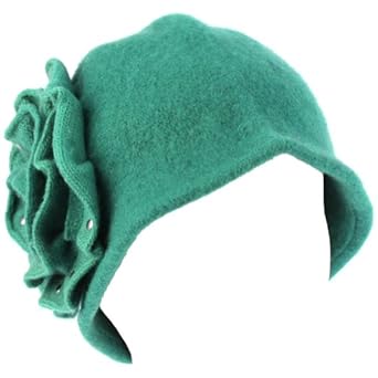 100% Wool Winter Cloche Crushable Foldable Bucket Big Flower Church Hat Teal